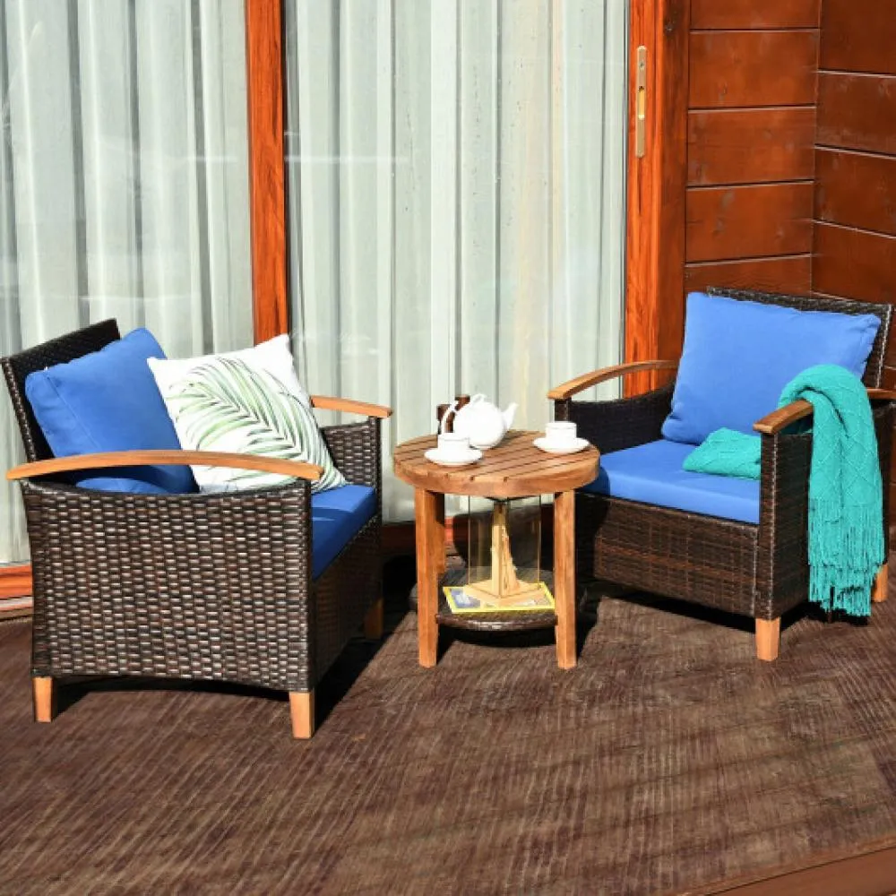 3 Pieces Patio Rattan Furniture Set with Washable Cushion and Acacia Wood Tabletop-Blue