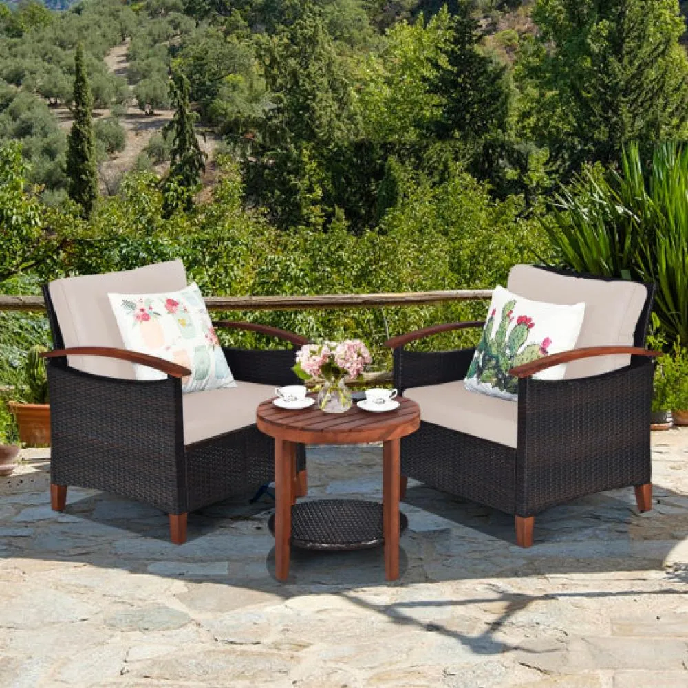 3 Pieces Patio Rattan Furniture Set with Washable Cushion and Acacia Wood Tabletop-Blue