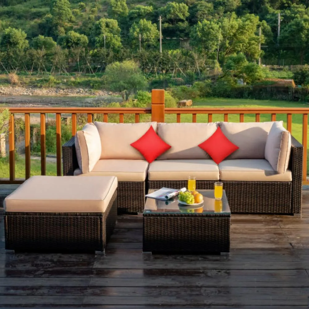 5 Pcs Outdoor Patio Rattan Furniture Set Sectional Conversation with Navy Cushions-Navy