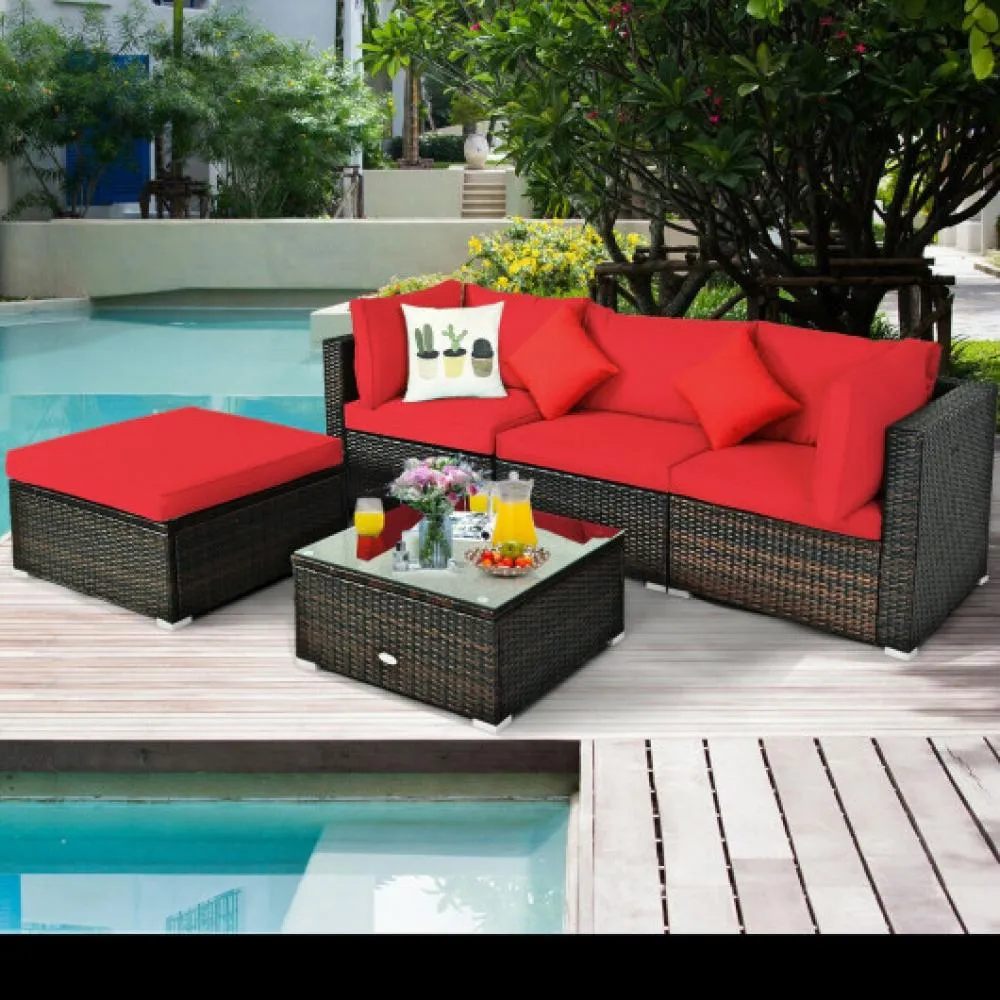 5 Pcs Outdoor Patio Rattan Furniture Set Sectional Conversation with Navy Cushions-Navy