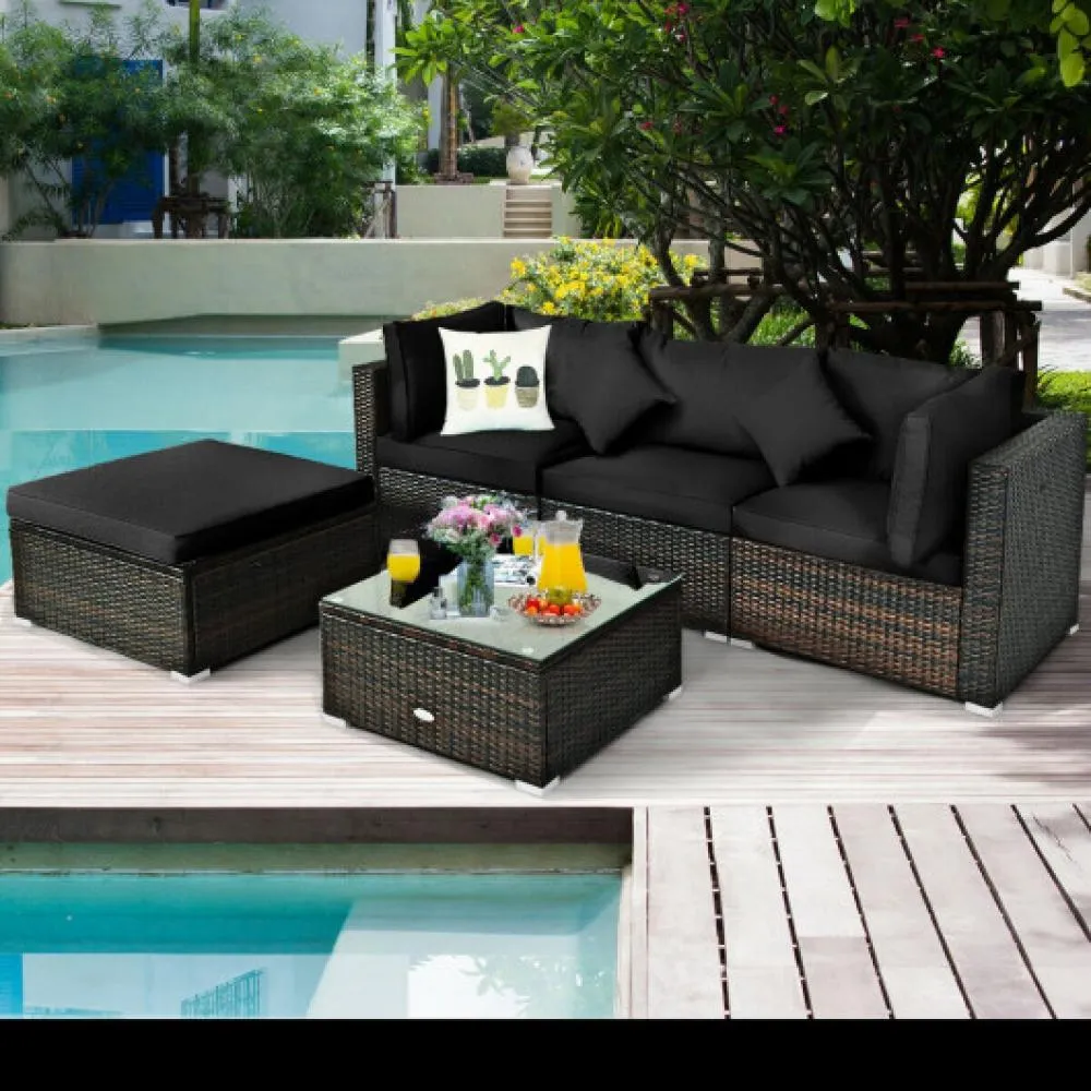 5 Pcs Outdoor Patio Rattan Furniture Set Sectional Conversation with Navy Cushions-Navy