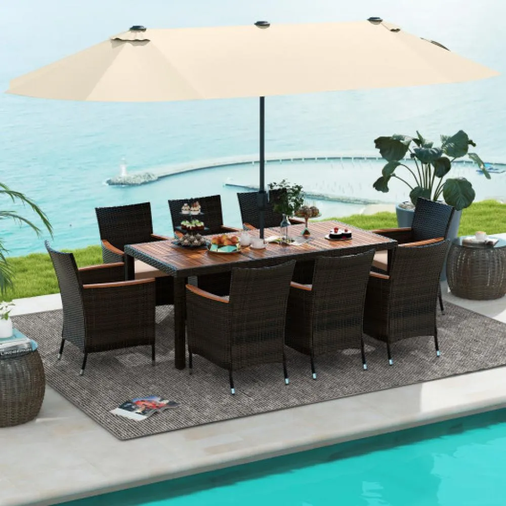 9 Piece Outdoor Dining Set with 15 Feet Double-Sided Twin Patio Umbrella-Red