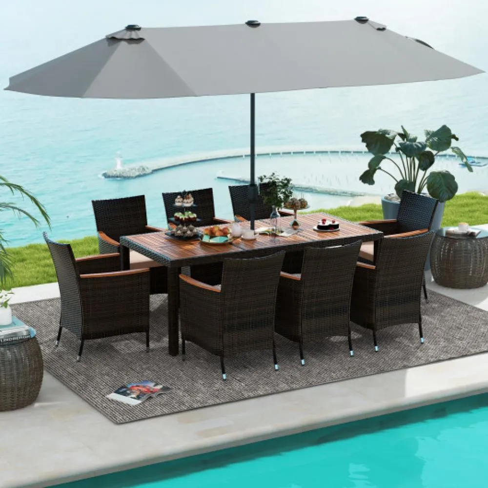 9 Piece Outdoor Dining Set with 15 Feet Double-Sided Twin Patio Umbrella-Red