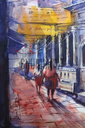 A landscape painting of narrow bylanes of Banaras