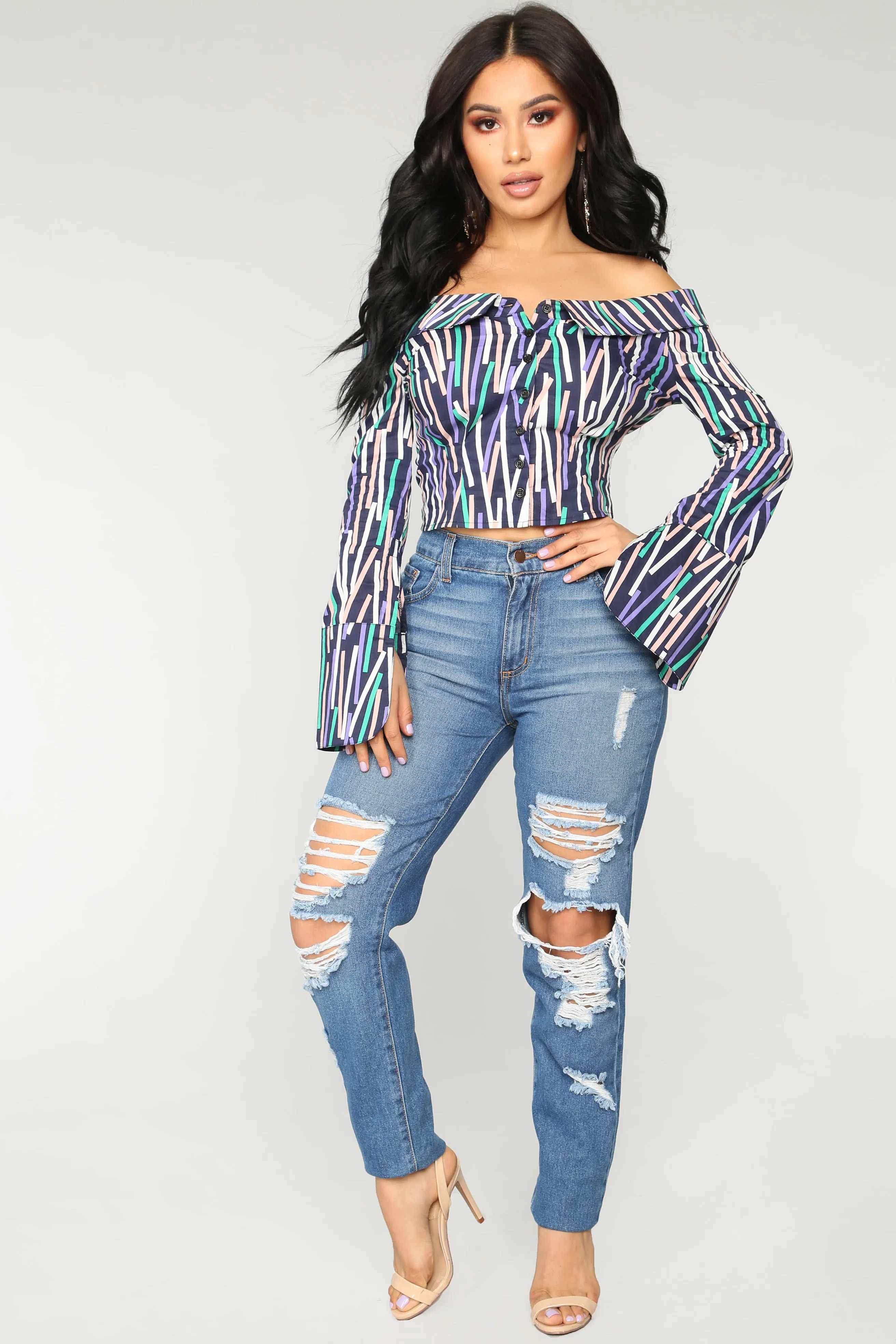 A Little Too much Off Shoulder Top - Navy Multi