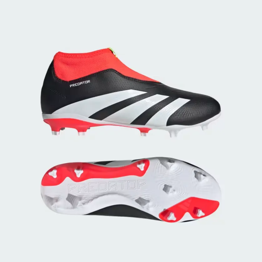 Adidas Predator 24 League LAceless Firm Ground Fooball Kids Unisex Shoes (4-7Year) -Core Black/Cloud White/Solar Red