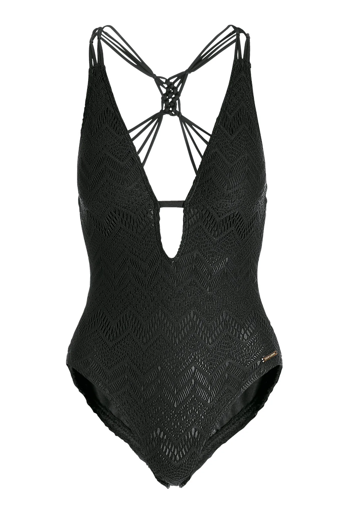 Allover Crochet Plunge One Piece Swimsuit Black