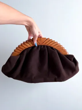 AMAZING 1940's Oversized Carved Wood Chocolate Felt Clutch Bag