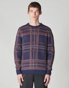 AUSTEN CHECK KNIT CREW NECK MENS JUMPER | NAVY