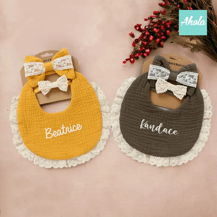 【Babe】Embroidered Cotton Baby Bib   Headbands Set 刺繡純綿口水肩 頭帶套裝