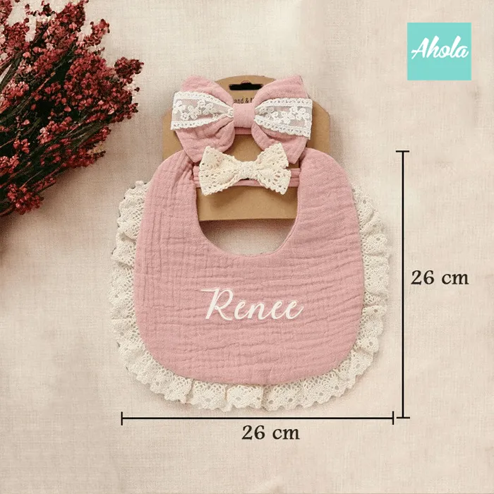 【Babe】Embroidered Cotton Baby Bib   Headbands Set 刺繡純綿口水肩 頭帶套裝