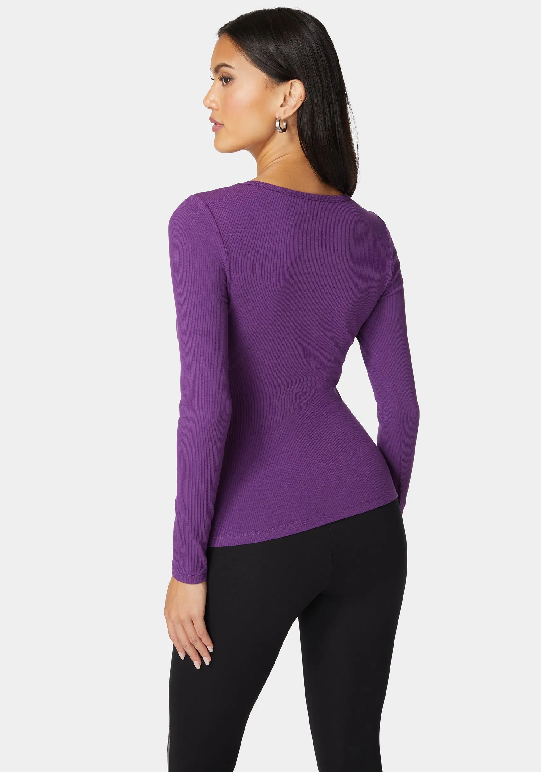 Bebe Logo Long Sleeve Scoop Neck Single Stone Rib Top