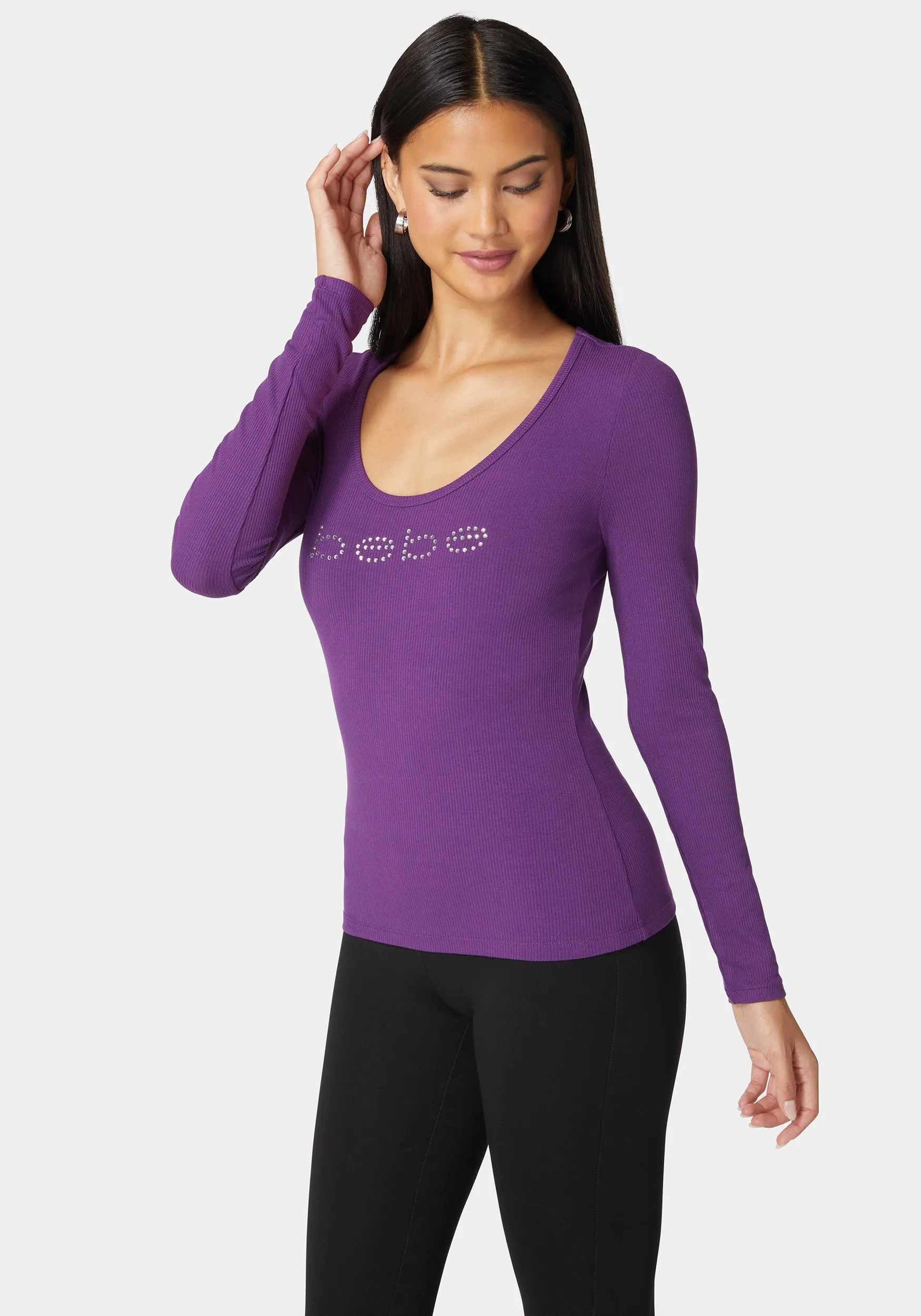 Bebe Logo Long Sleeve Scoop Neck Single Stone Rib Top