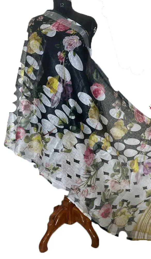 Black Digital Printed Linen Dupatta