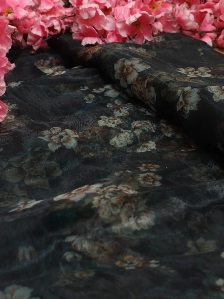 Black Digital Printed Organza Silk Floral Design Fabric ( 1 Mtr )