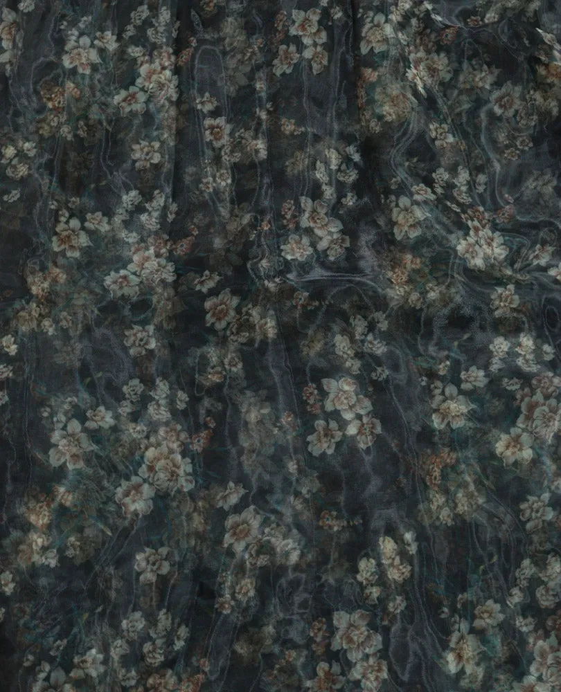 Black Digital Printed Organza Silk Floral Design Fabric ( 1 Mtr )