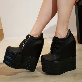 Black Hook Pile Sport High Heel Wedge Platform Shoes