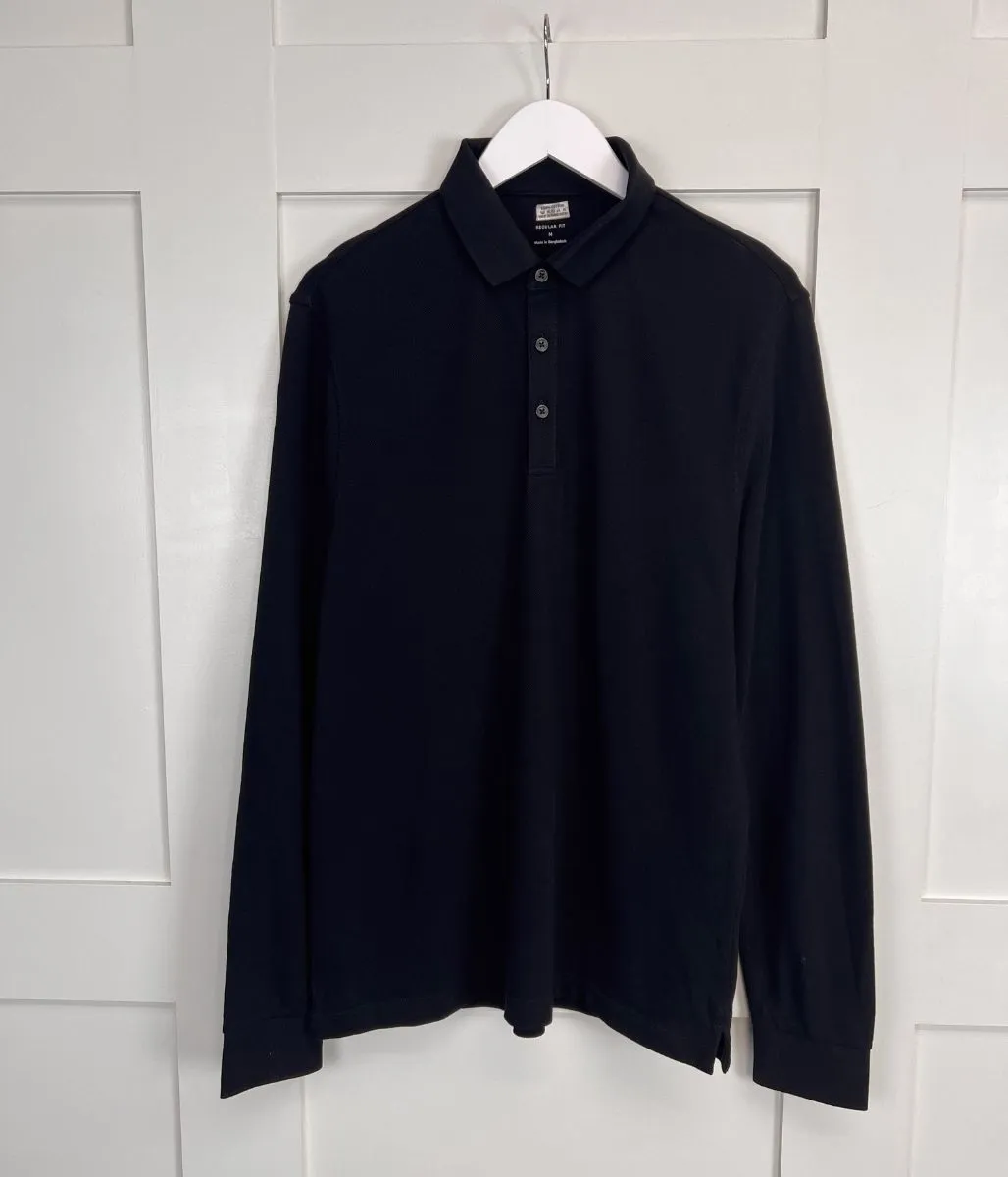 Black Mens Cotton Long Sleeve Polo Top