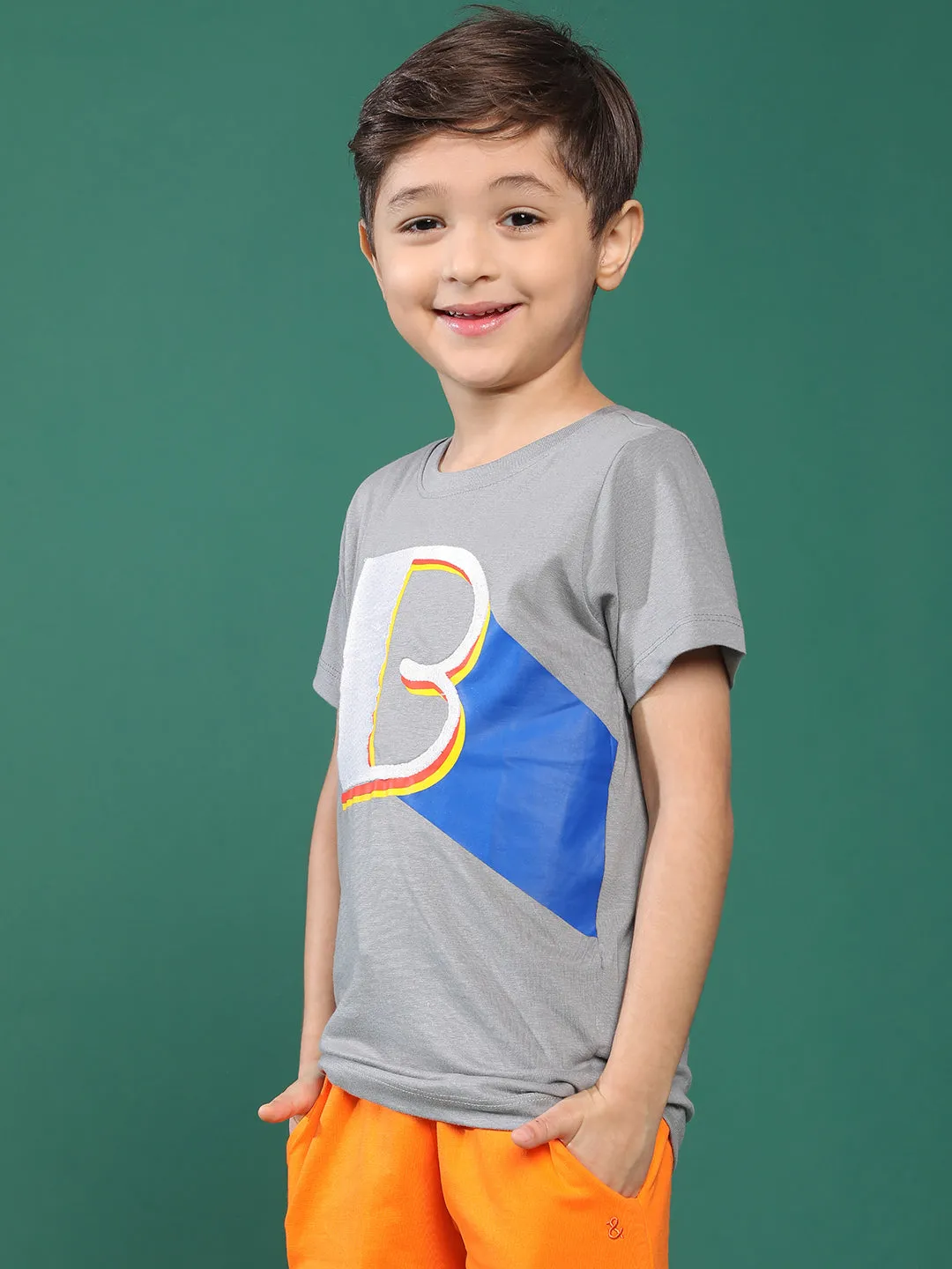 Boys Light Grey Printed Cotton T-shirt