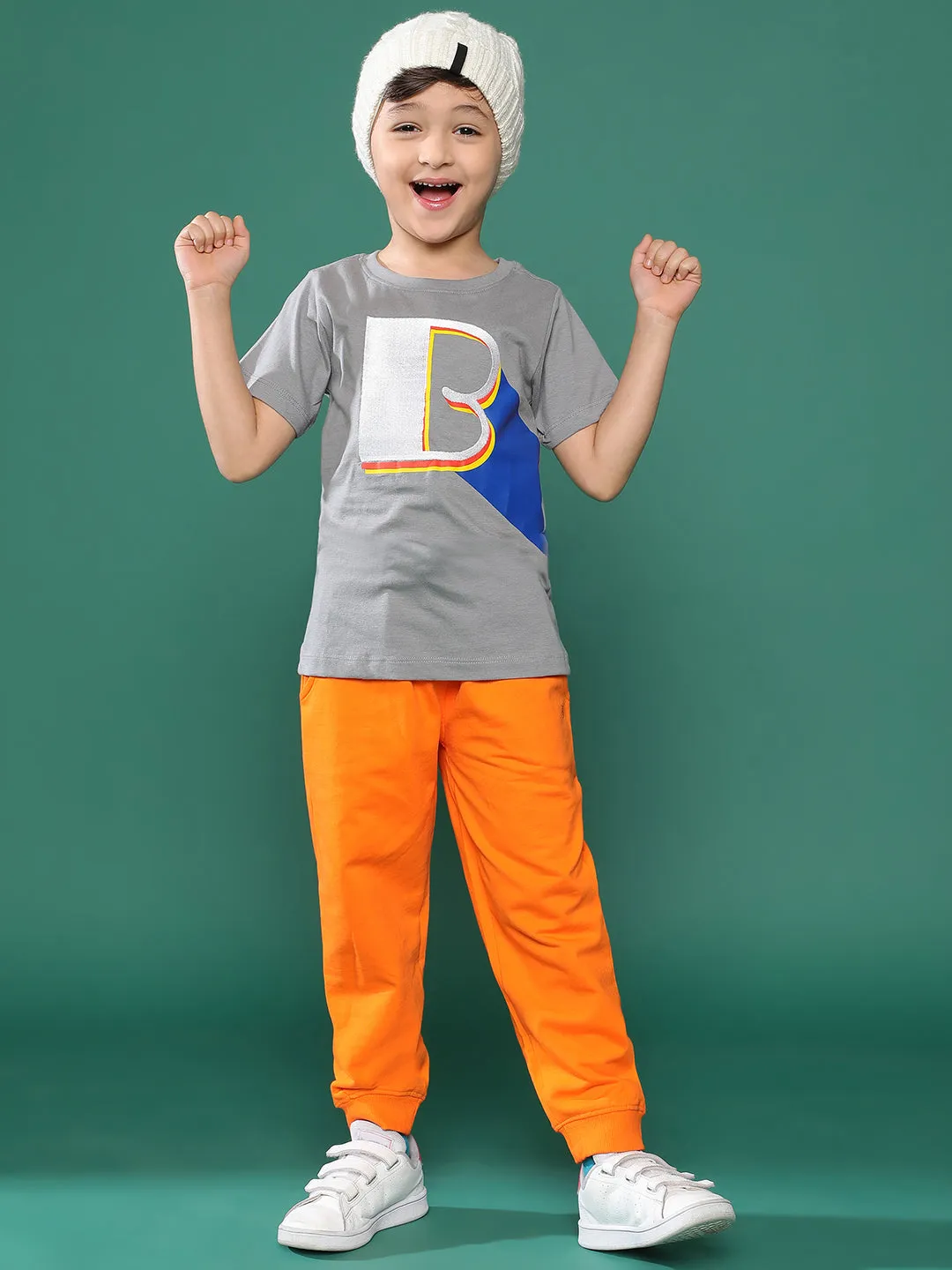 Boys Light Grey Printed Cotton T-shirt