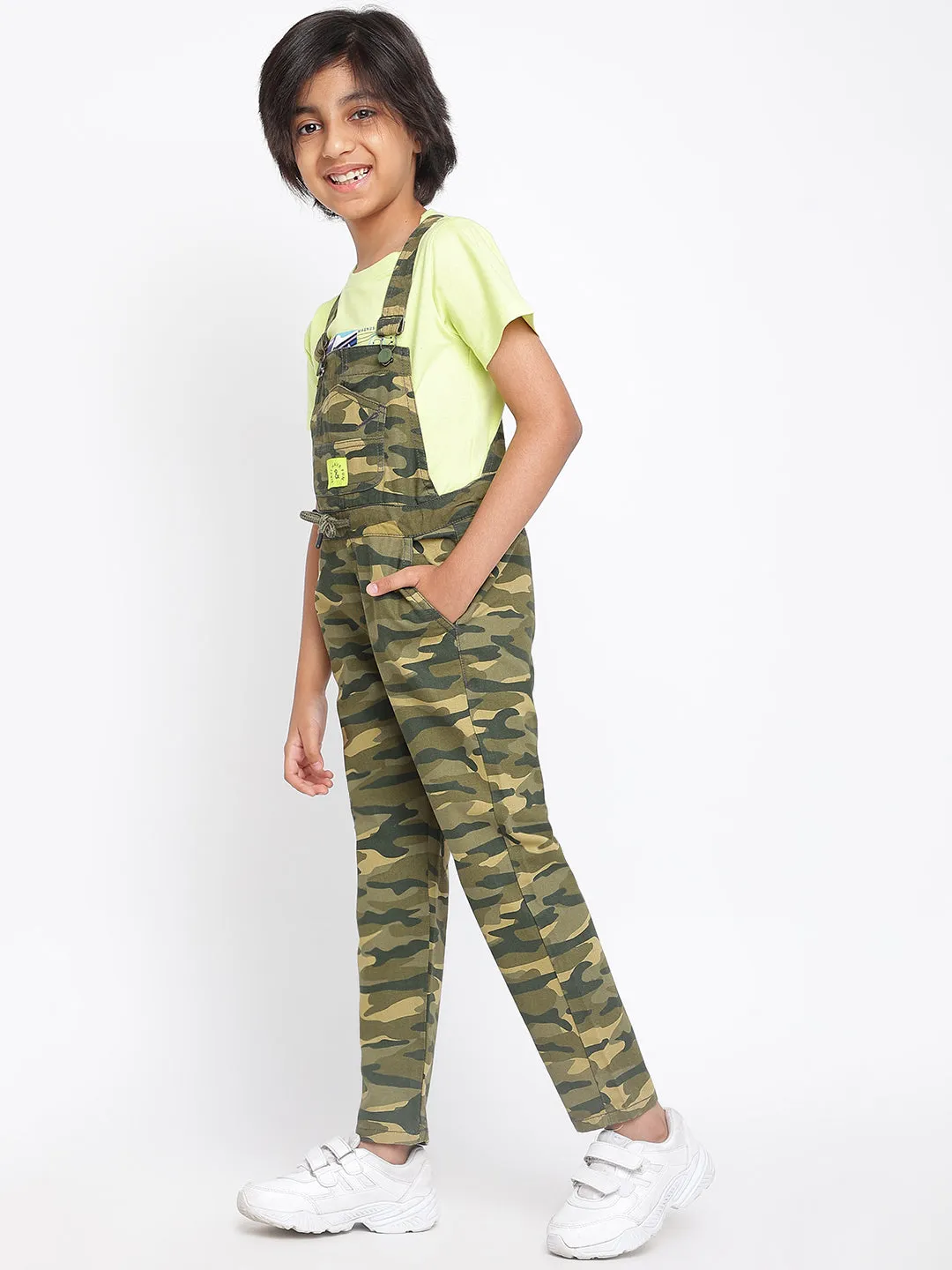 Boys Olive Printed Dungaree