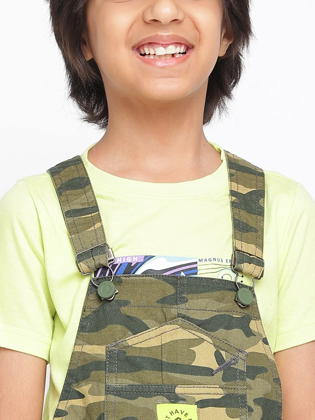 Boys Olive Printed Dungaree