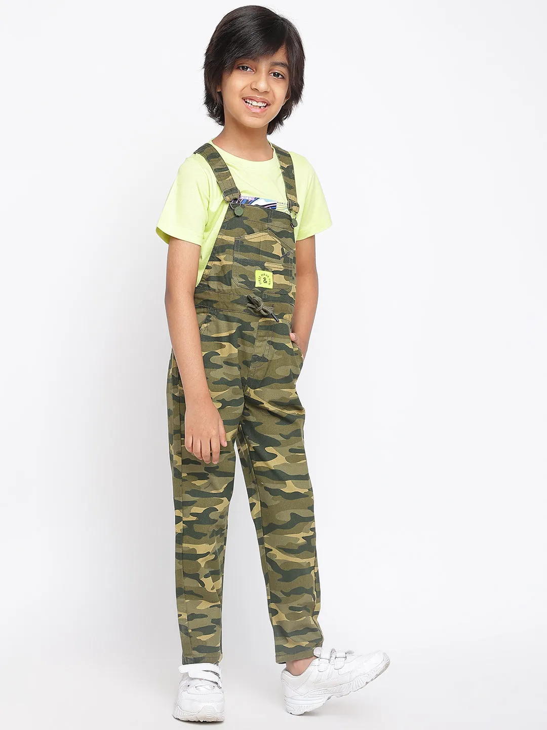 Boys Olive Printed Dungaree