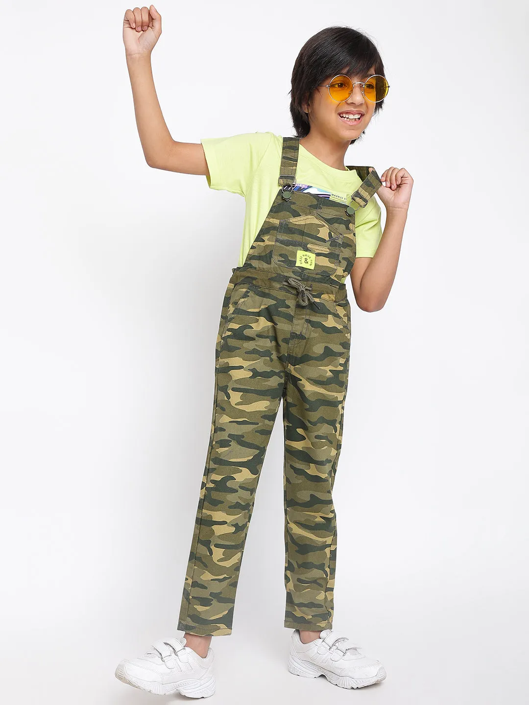 Boys Olive Printed Dungaree