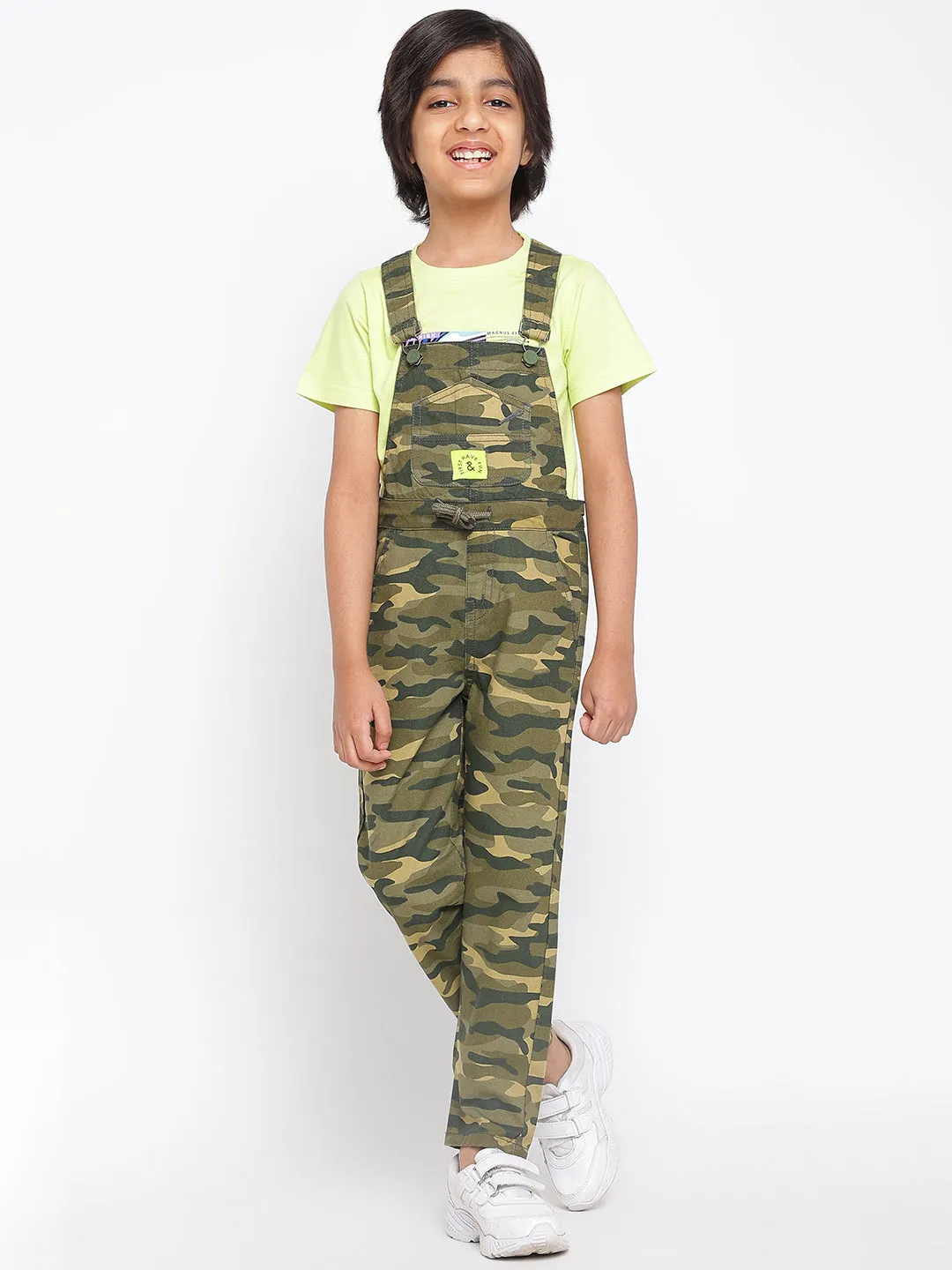 Boys Olive Printed Dungaree