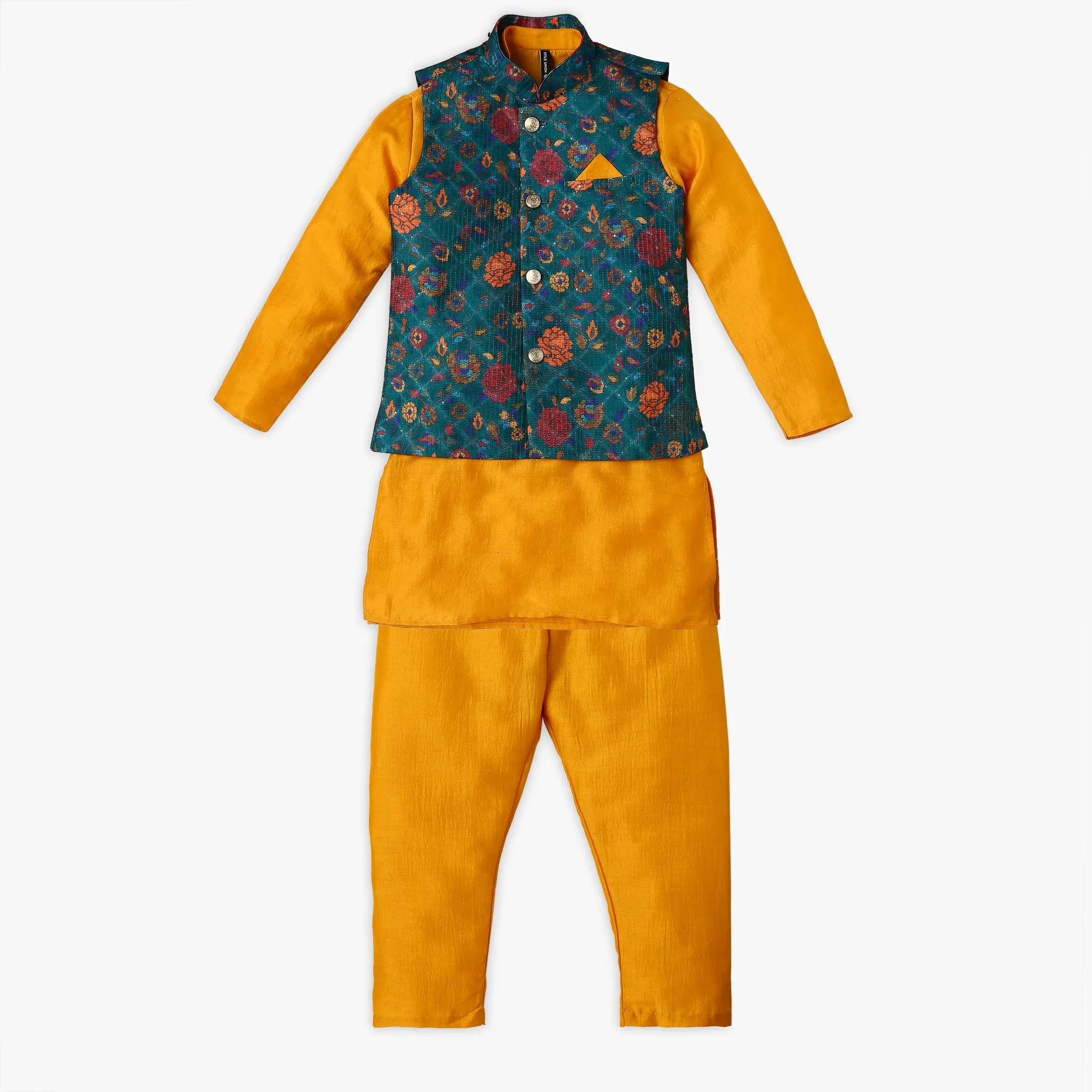 Boy's Regular Fit Embellished Kurta & Pant with Jacket Set