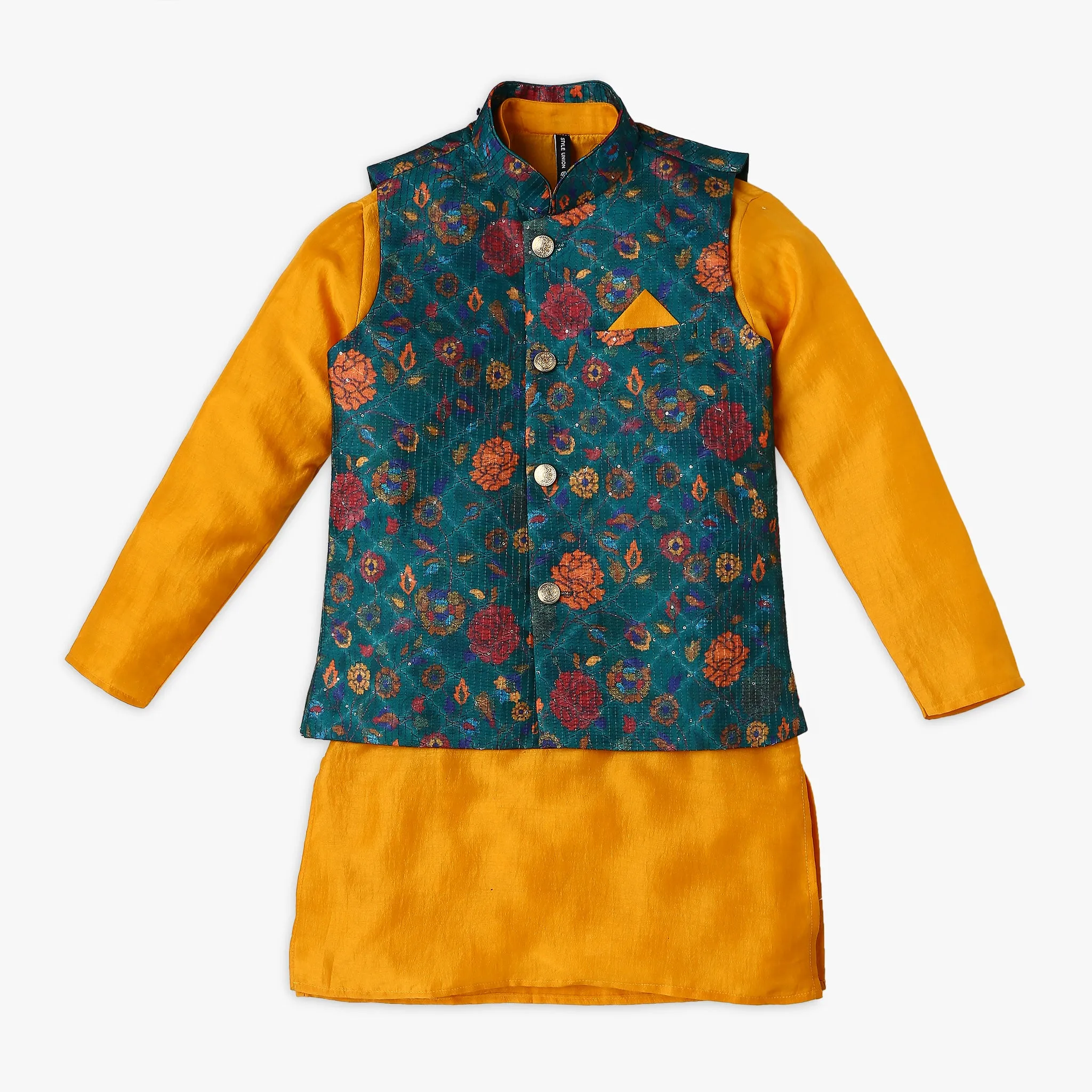 Boy's Regular Fit Embellished Kurta & Pant with Jacket Set