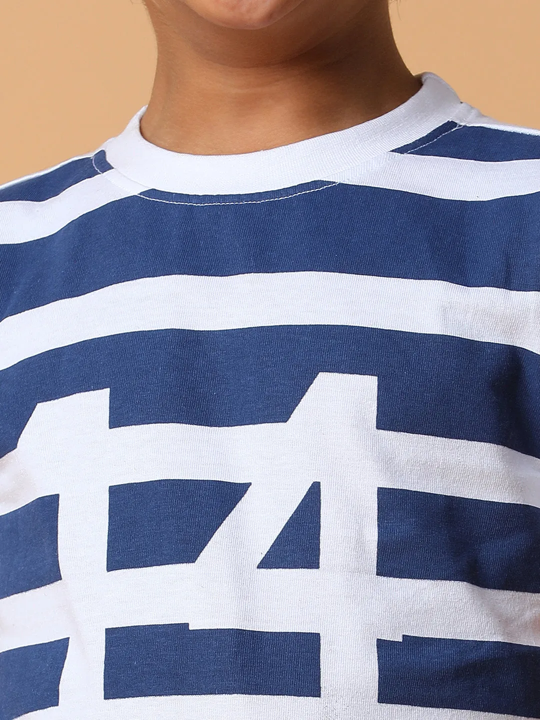 Boys White & Blue Striped Cotton T-shirt