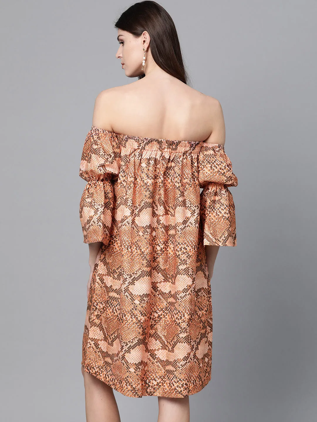 Brown Snake Print Bardot Shift Dress