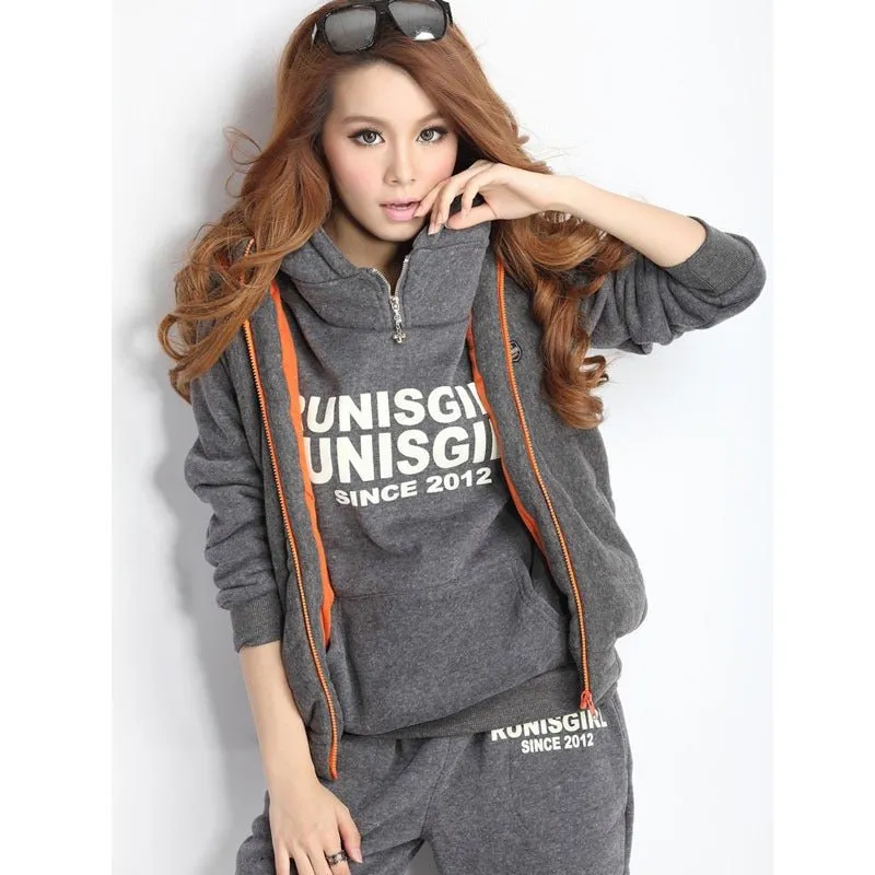 Casual Printed Fashionable Hooded Sweater Sports Suit Women's Fashion Plush Three Piece Suit