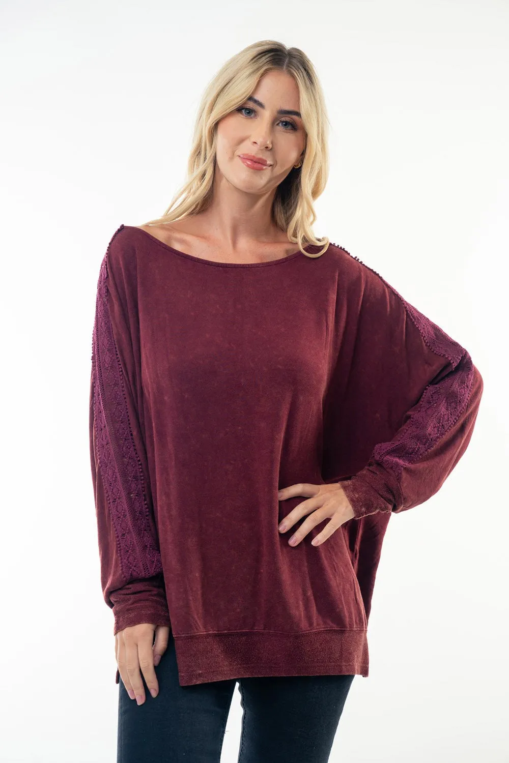 Clay - A Washed Lace Detailed Long Sleeve Top