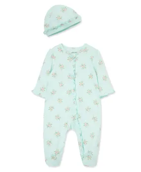 Delicate Floral 2-Way-Zip Footed One-Piece & Hat