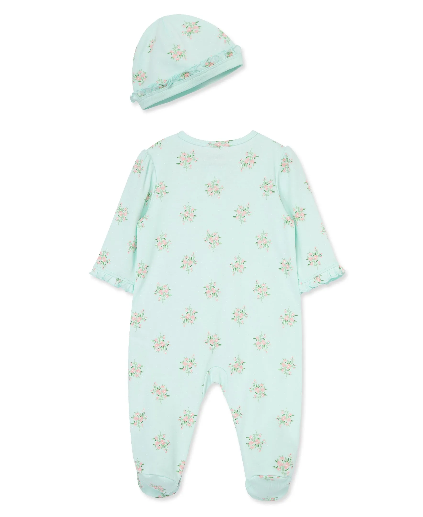 Delicate Floral 2-Way-Zip Footed One-Piece & Hat