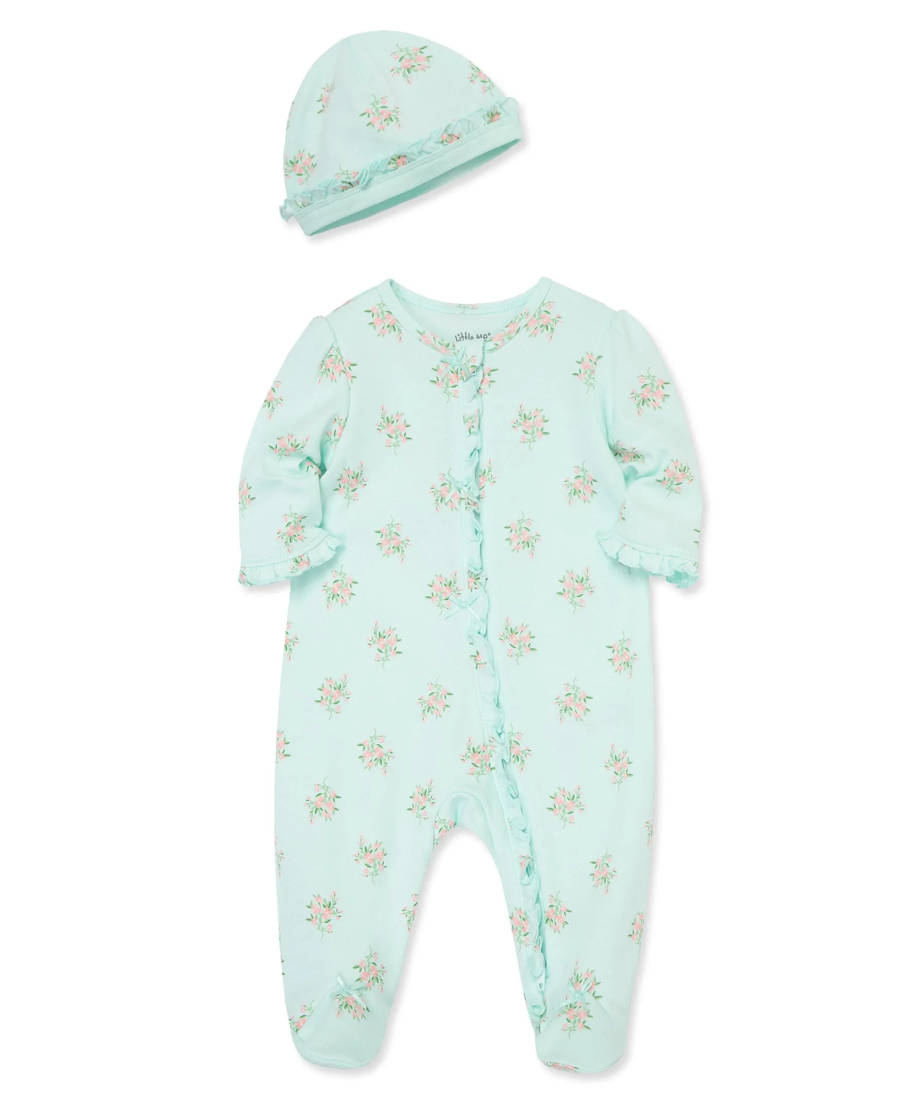 Delicate Floral 2-Way-Zip Footed One-Piece & Hat