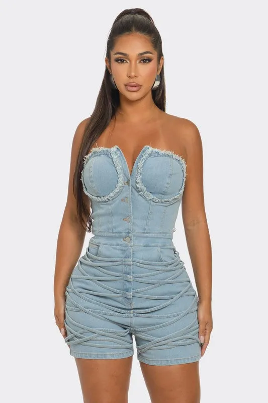 Denim Delight- Frayed Edge Denim Corset Romper