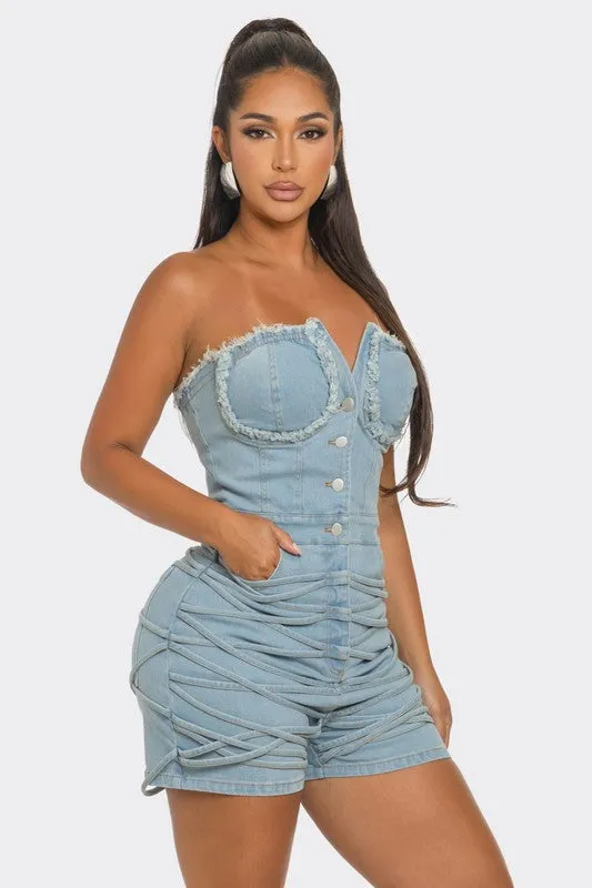 Denim Delight- Frayed Edge Denim Corset Romper