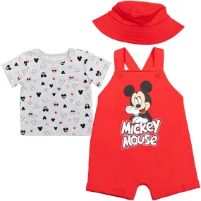 Disney Mickey Mouse French Terry Short Overalls T-Shirt and Hat 3 Piece Outfit Set