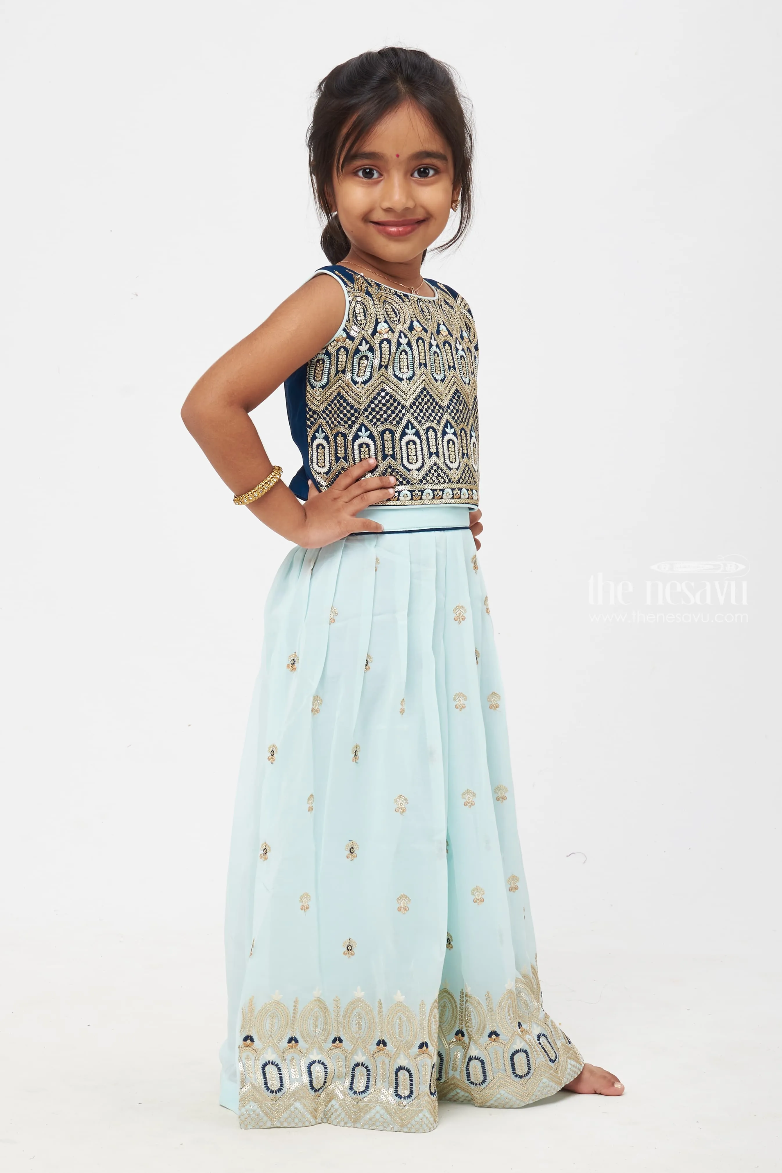 Enchanted Mint Elegance: Girls Embellished Crop Top and Palazzo Pant Set