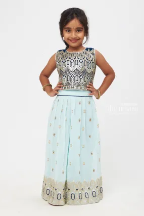 Enchanted Mint Elegance: Girls Embellished Crop Top and Palazzo Pant Set