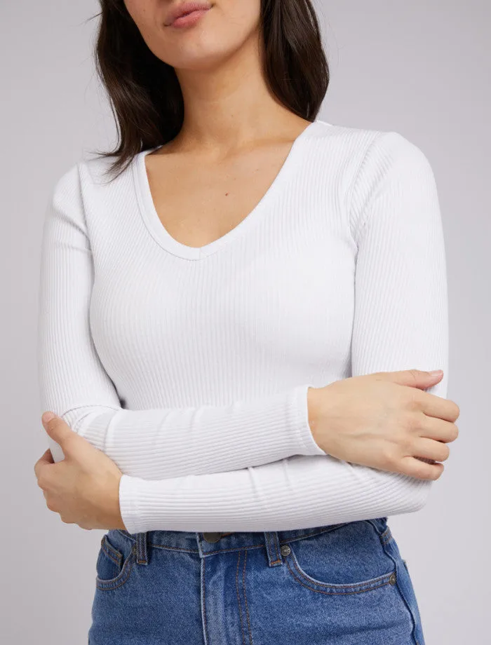 Eve Rib V Neck Long Sleeve Top (White)