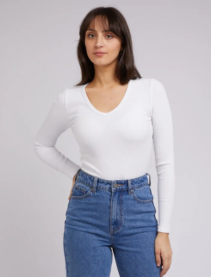 Eve Rib V Neck Long Sleeve Top (White)