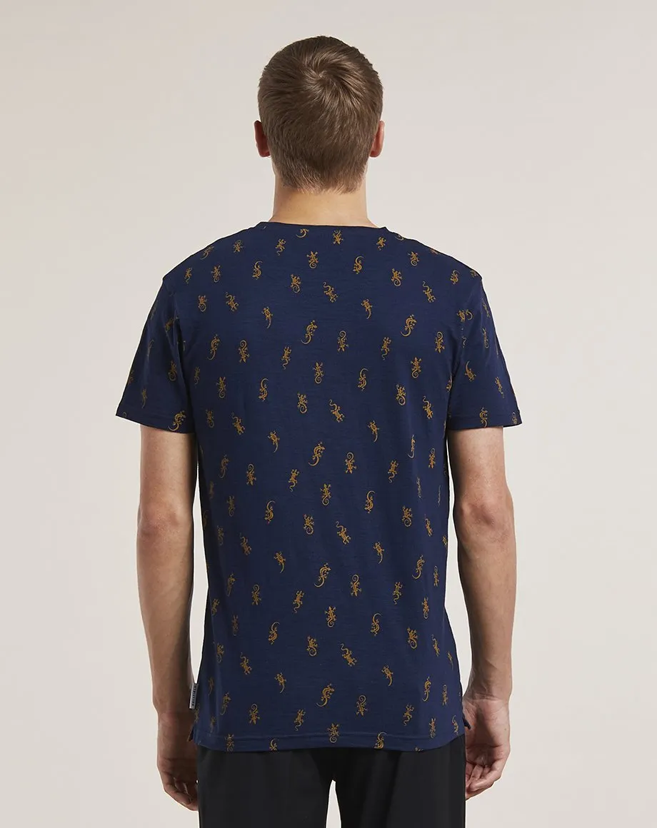 GIDA LIZARD PRINT MENS T-SHIRT | NAVY