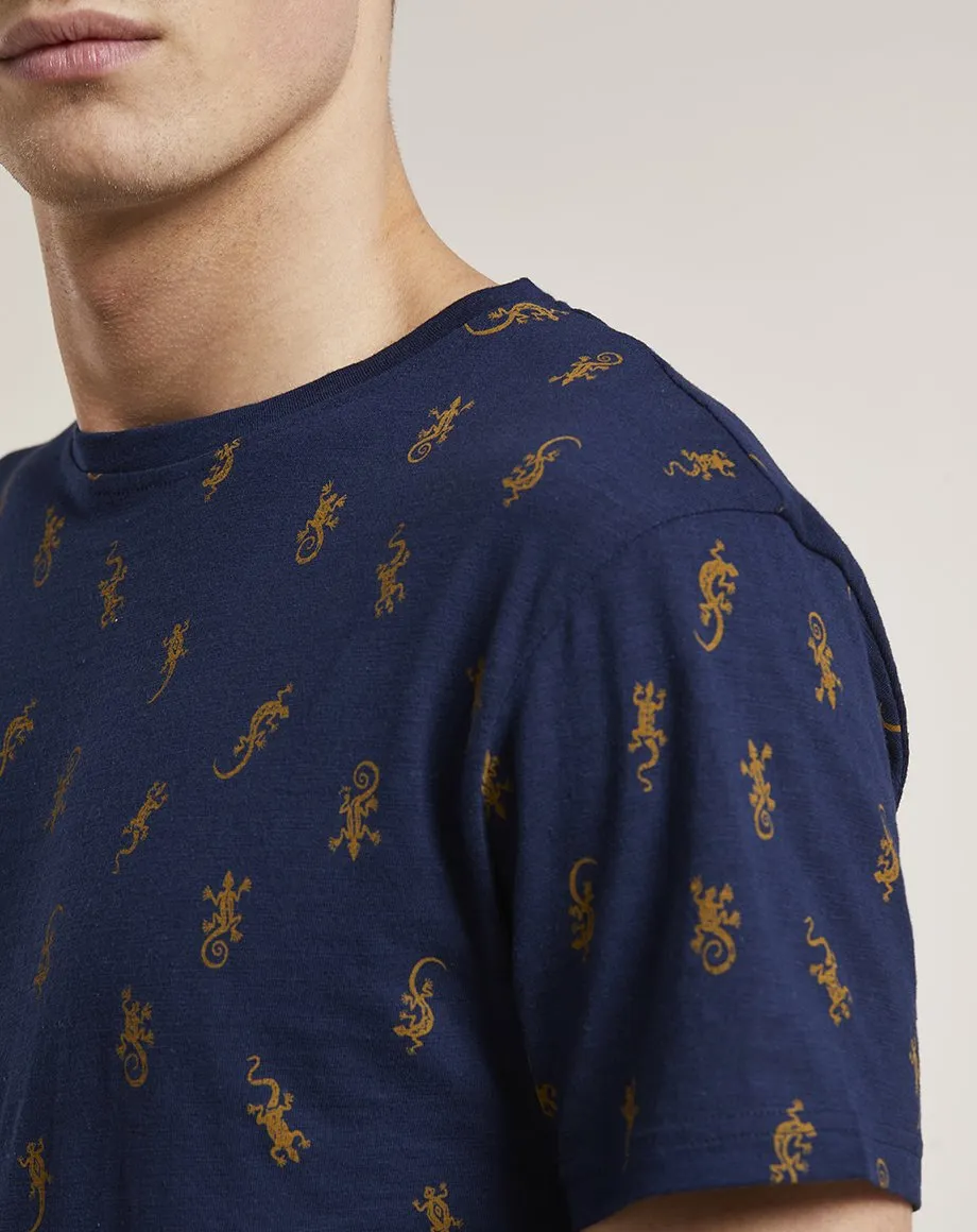 GIDA LIZARD PRINT MENS T-SHIRT | NAVY