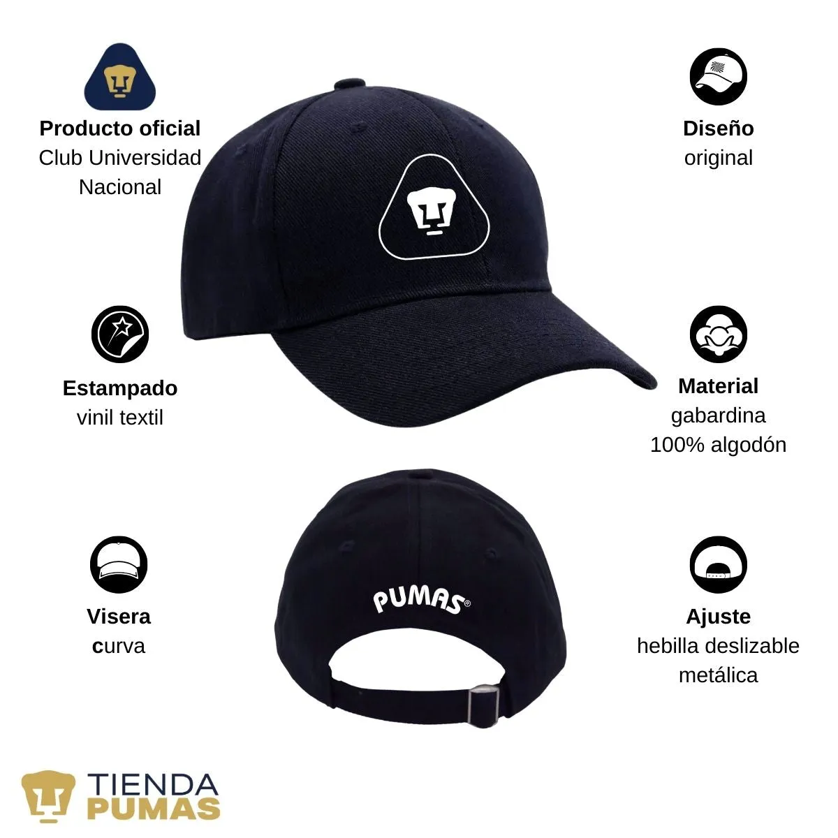 Gorra Pumas UNAM Hombre Mujer Ajustable Emblema Blanco Negro 7 Vinil