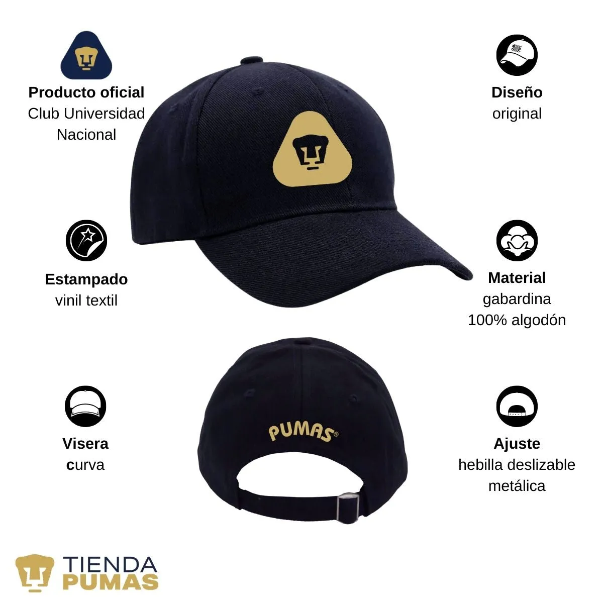 Gorra Pumas UNAM Hombre Mujer Ajustable Emblema Dorado 5 Vinil