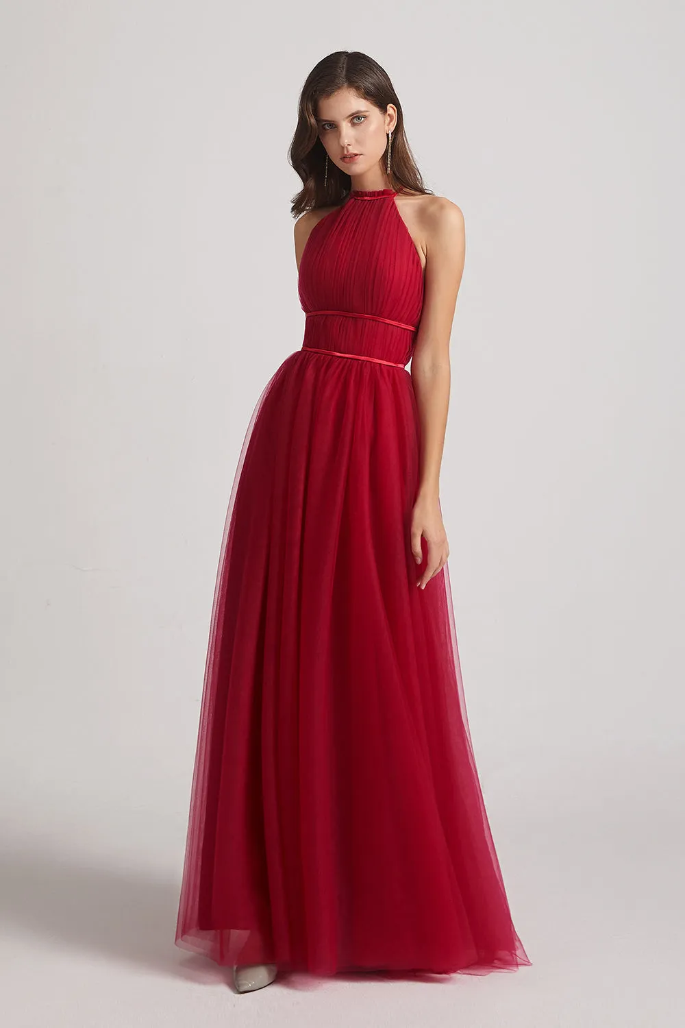 Halter Pleated Criss-Cross Tulle Bridesmaid Dresses (AF0035)